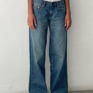 Motel Rocks Roomy Extra Wide Low Rise Jeans in Vintage Blue Green W28 L30